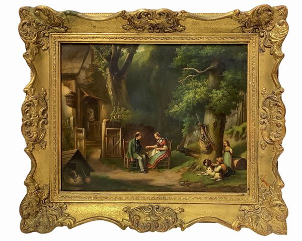 Outdoor family scene with children and dog