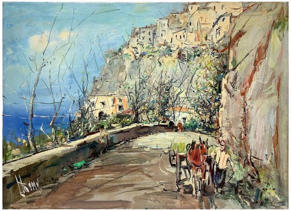Lelio Barra - Paesino arroccato con carretto sulla strada