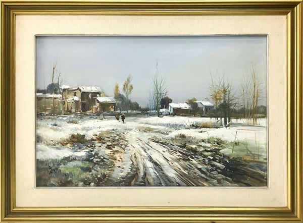 Lelio Barra - Paesaggio con case innevate
