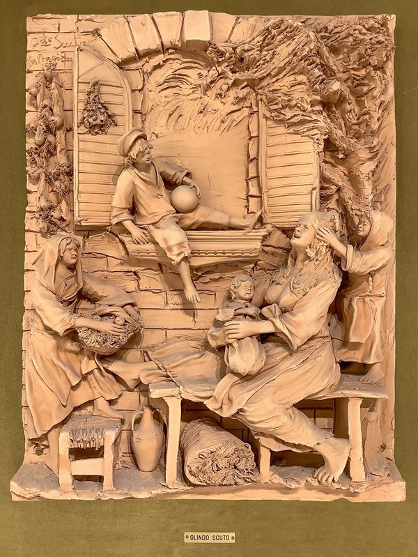 Olindo Scuto - Terracotta high relief with five characters