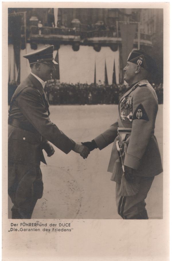 Propaganda photographic postcard, Meeting between Mussolini and Hitler