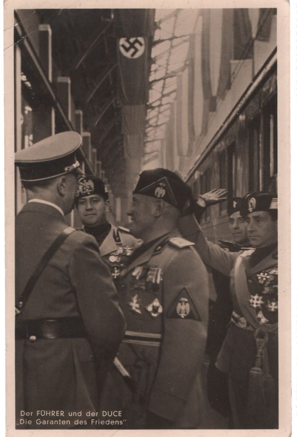 Mussolini and Hitler propaganda photographic postcard