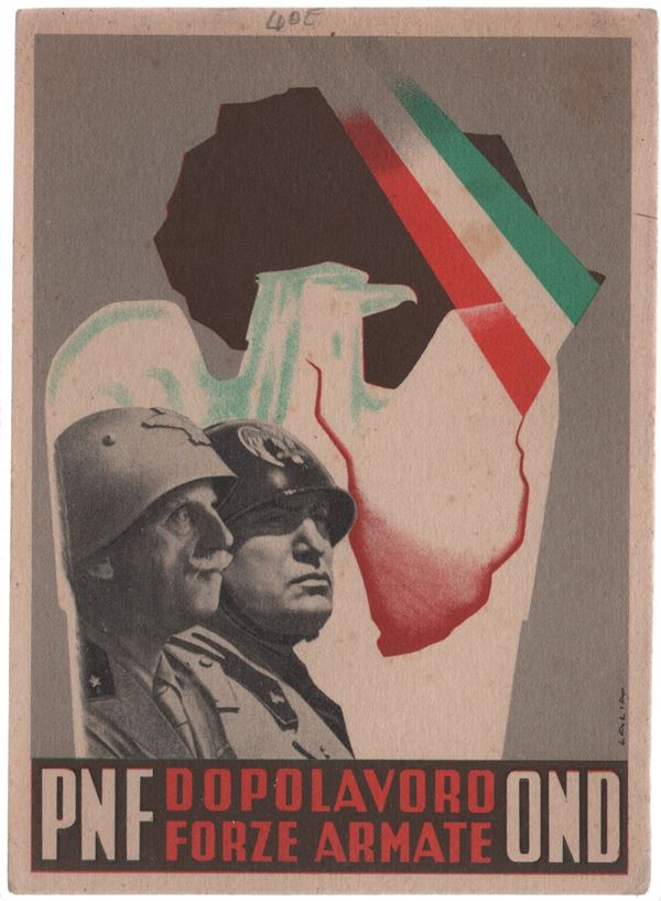Propaganda postcard Vittorio Emanuele III and Mussolini