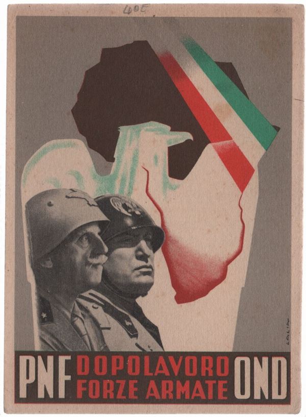 Propaganda postcard Vittorio Emanuele III and Mussolini
