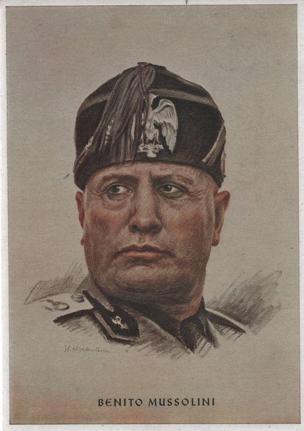 Cartolina di propaganda con Benito Mussolini