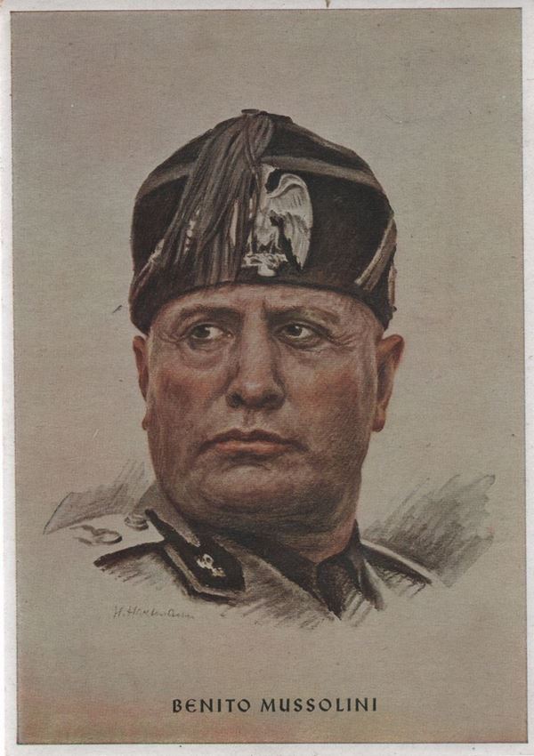 Cartolina di propaganda con Benito Mussolini