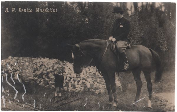 Propaganda photographic postcard, Mussolini on horseback at Villa Torlona