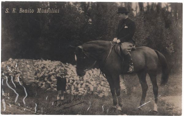 Propaganda photographic postcard, Mussolini on horseback at Villa Torlona