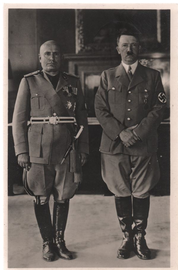 Propaganda photographic postcard, Mussolini and Hitler guaranteeing peace