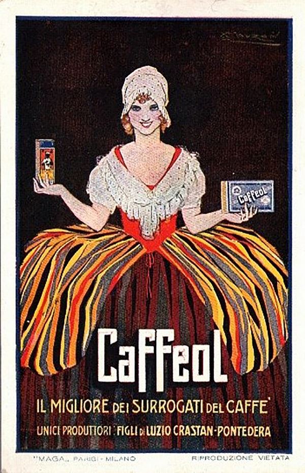 Cartolina d'epoca originale pubblicitaria illustrata Caffeol