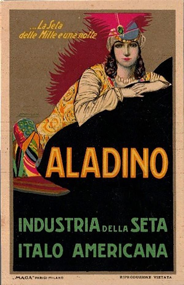 Original Aladdin advertising postcard for the Italian-American silk industry