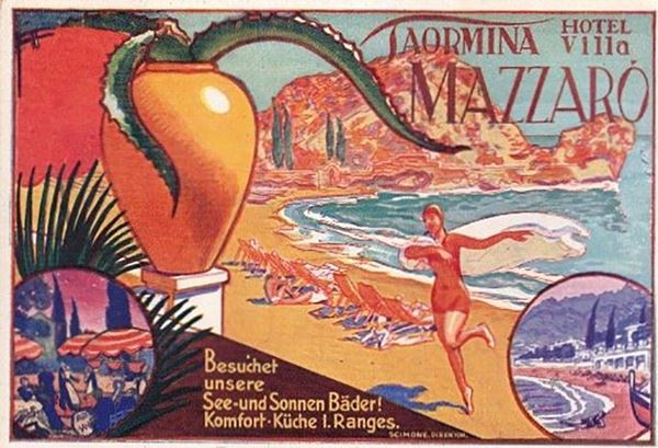 Cartolina originale pubblicitaria Taormina Hotel Villa Mazzarò