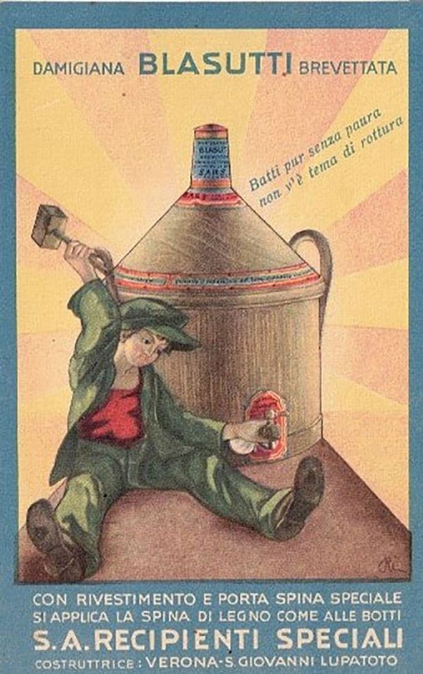 Cartolina pubblicitaria originale Damigiana Blasutti, S.A. recipienti speciali