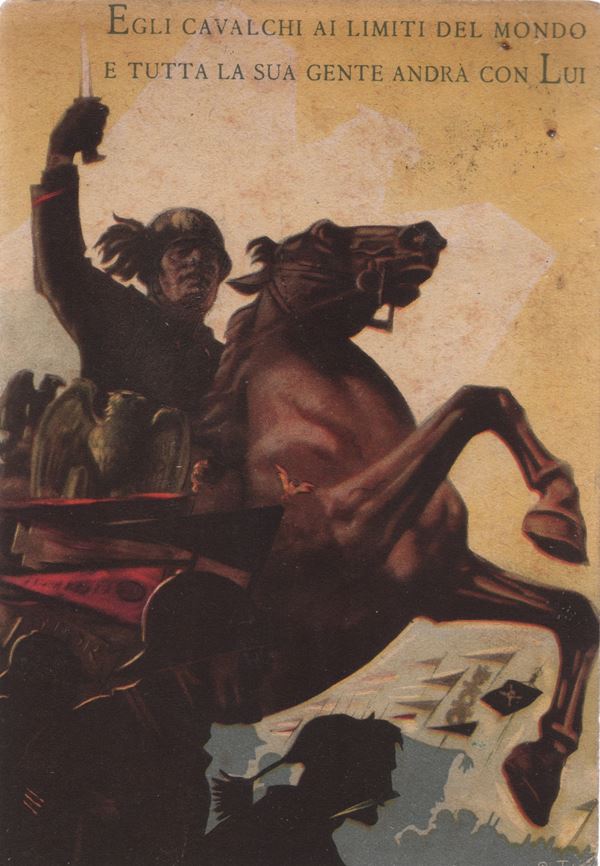 Propaganda postcard Mussolini on horseback