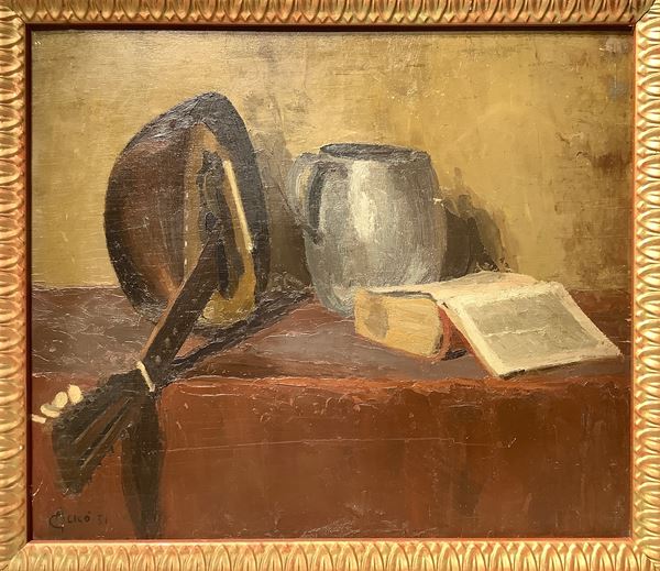Giovanni Alic&#242; - Doppio dipinto: natura morta con mandolino, libro e brocca + composizione astratta