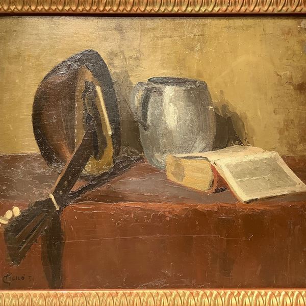Giovanni Alic&#242; - Double painting: still life with mandolin, book and jug + abstract composition