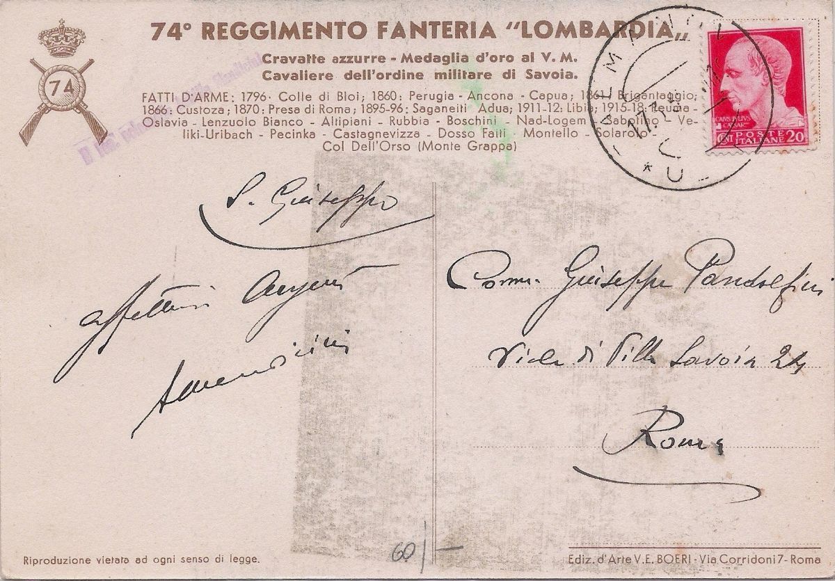 Cartolina Originale 74esimo Reggimento di Fanteria Lombardia