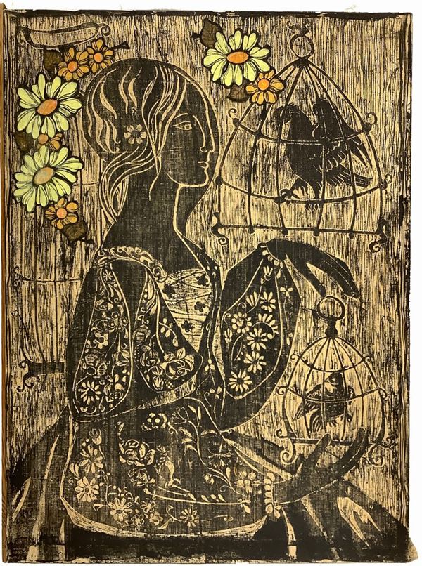 Woman with birds in a cage