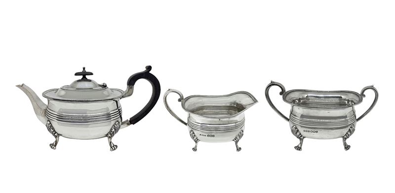 Gruppo Composto da N.3 Pezzi in Argento Sterling 925: Teiera, Lattiera e Zuccheriera