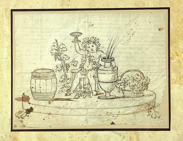 Disegno raffigurante Bacco bambino, Diego Rodríguez de Silva y Velázquez (Siviglia 1599- Madrid 1660) attribuito. Disegno su carta a inchiostro bruno e matita. Mm 200x270, cornice Mm 420x535.