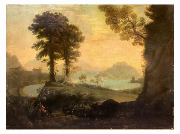 Paesaggio lacustre con scena bucolica