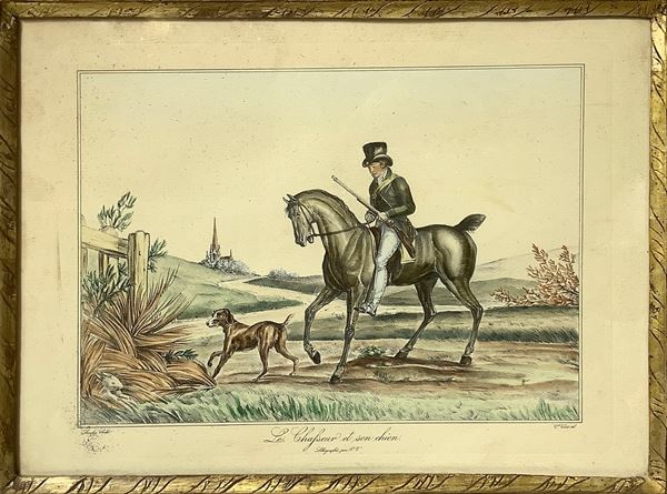 Cornice in legno dorato in argento e mistura con stampa raffigurante cacciatore a cavallo con cane
