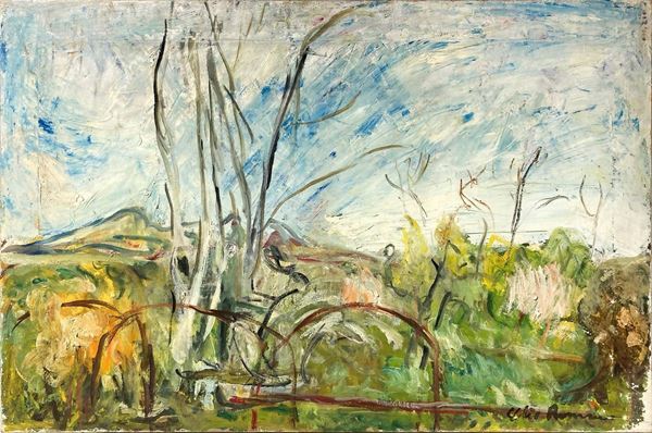 Oil painting on canvas depicting a landscape depicting Morra hills. Elio Romano. Cm 50x80. signed on the lower right.