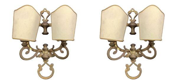 Pair of two-light gold metal wall lamps
