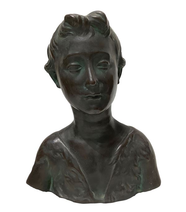 Half-bust of a girl in green bronze patinated terracotta