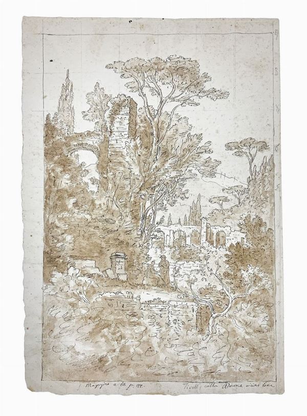 Design in China Brown watercolor depicting Villa Diana in Tivoli, at Rome. End XVIII century, on paper with watermark bearing the inscription ...