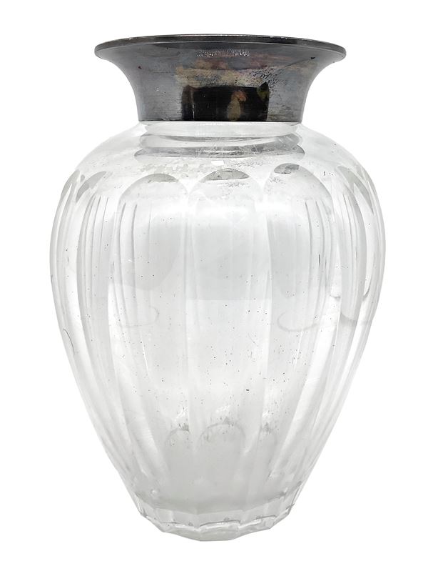 Wilhelm Binder - Heavy ribbed glass vase with silver mouth