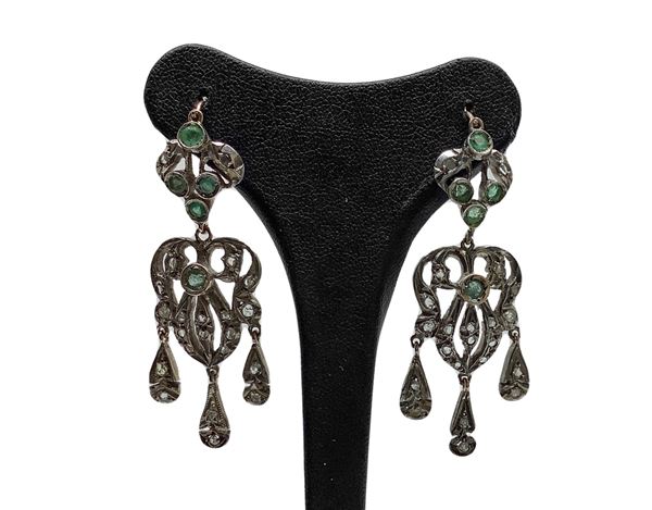 Liberty earrings in gold and silver with diamond and emerald rosettes