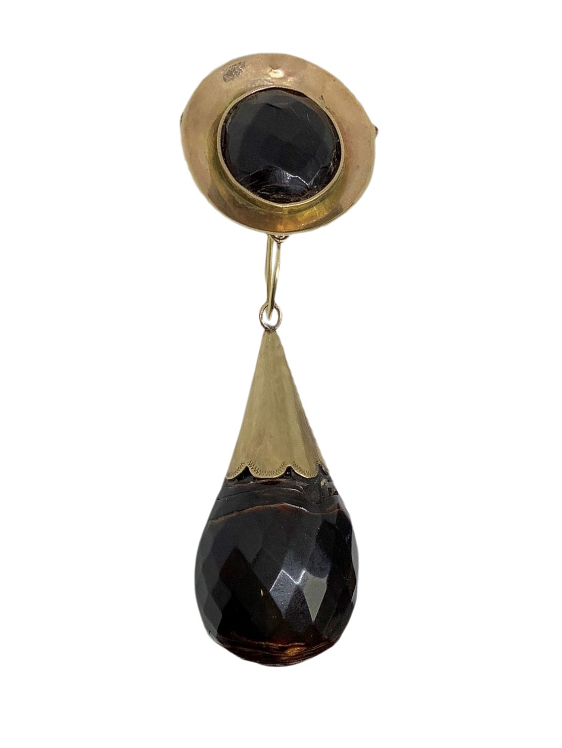 Antichi orecchini pendenti in oro rosso e ambra sfaccettata del Simeto