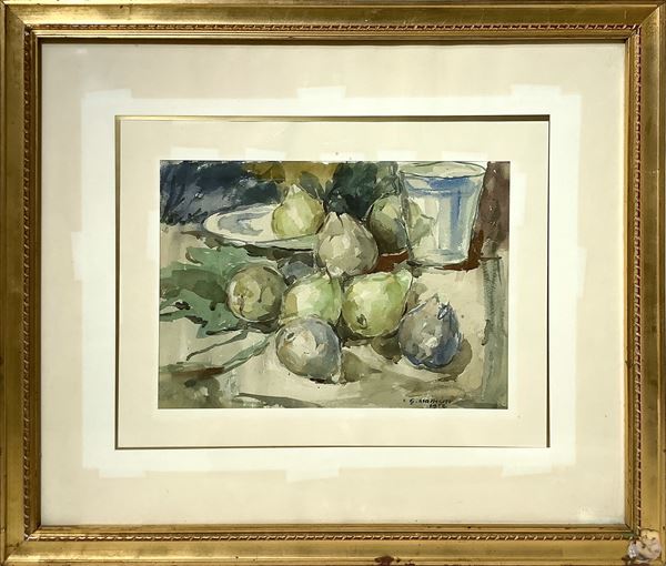 Giovanni Mancini - Still life with pears and dishes