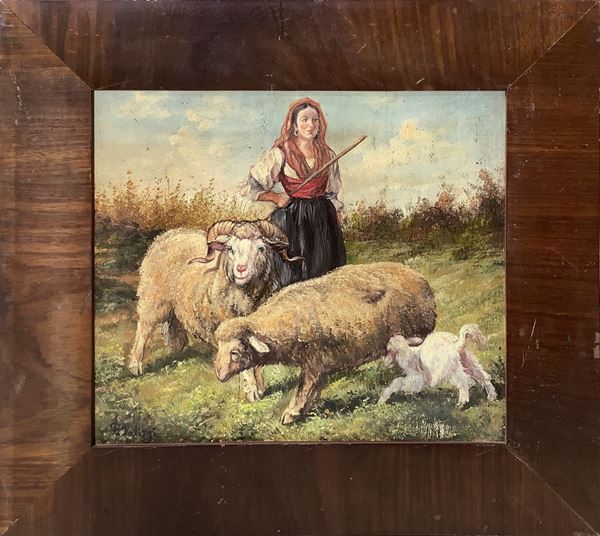 Francesco Paolo Palizzi - Shepherdess with goats and lamb