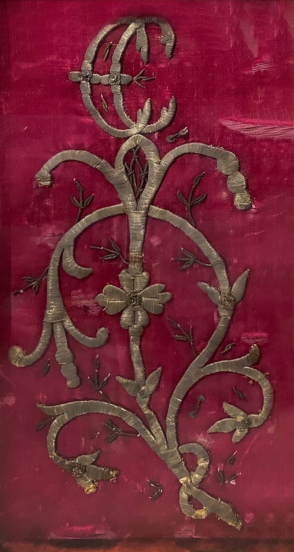 Painting with embroidery on red silk