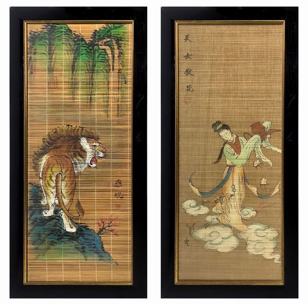 Pair of paintings on bamboo "Japan" depicting a Tiger and a Japanese woman