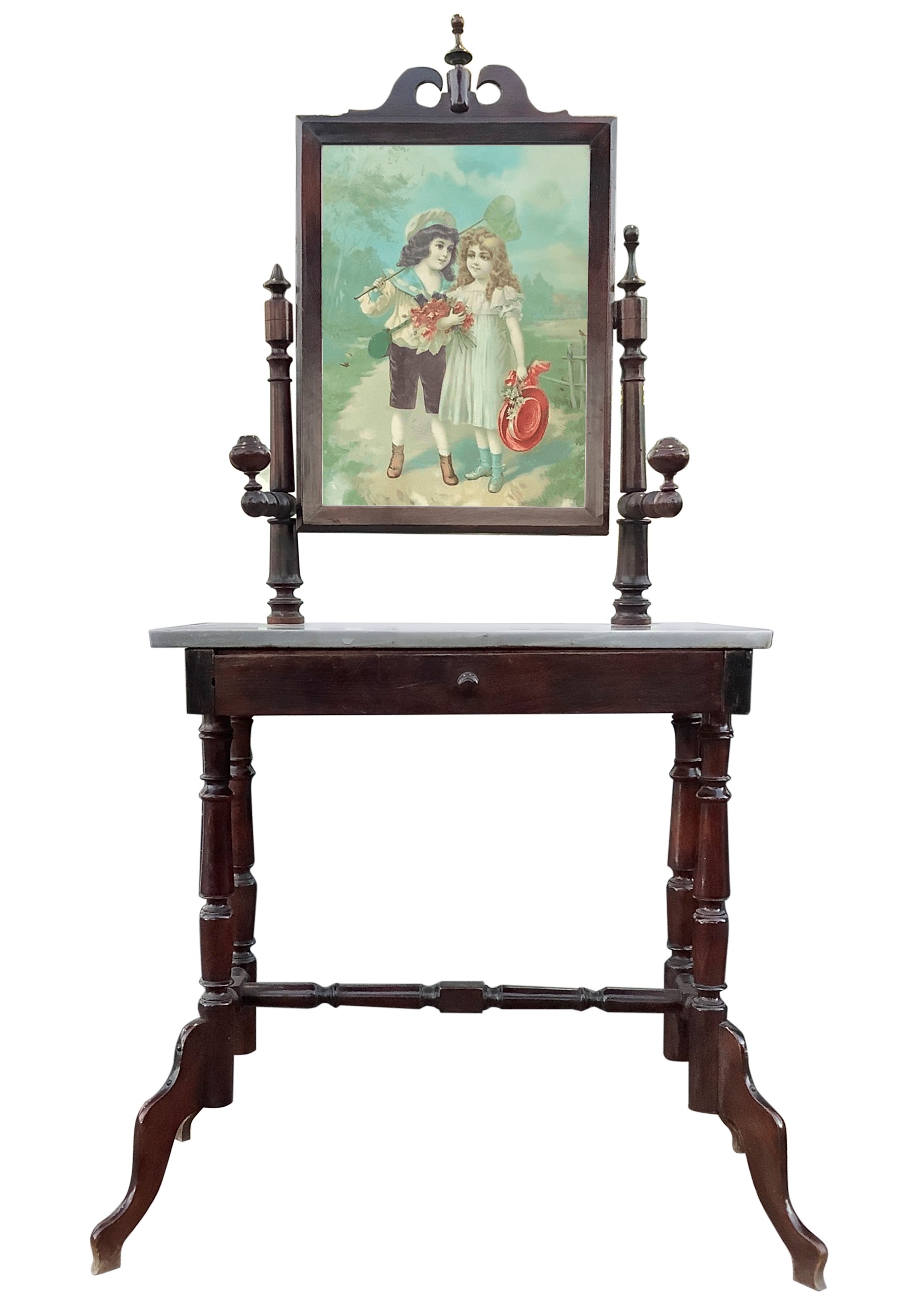 Tolettina in legno di noce con piano in marmo, specchiera e portacandele, Fine XIX secolo