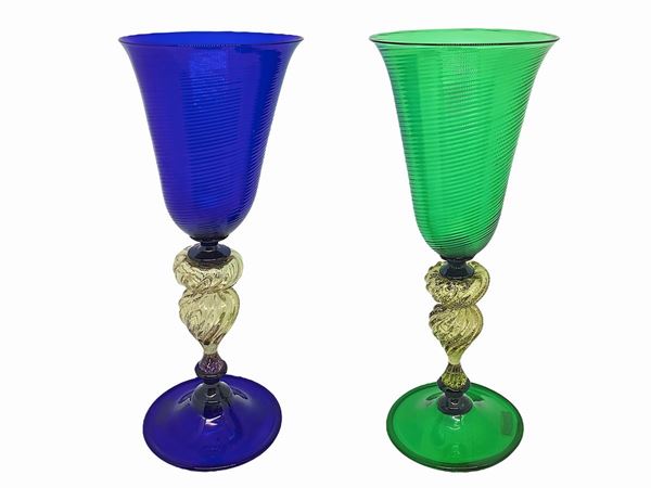 Vetri d'arte Striulli - Coppia di bicchieri a calice colorati in murano