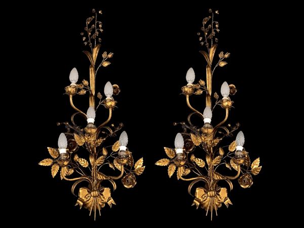 Pair of five-light appliques in gilded metal