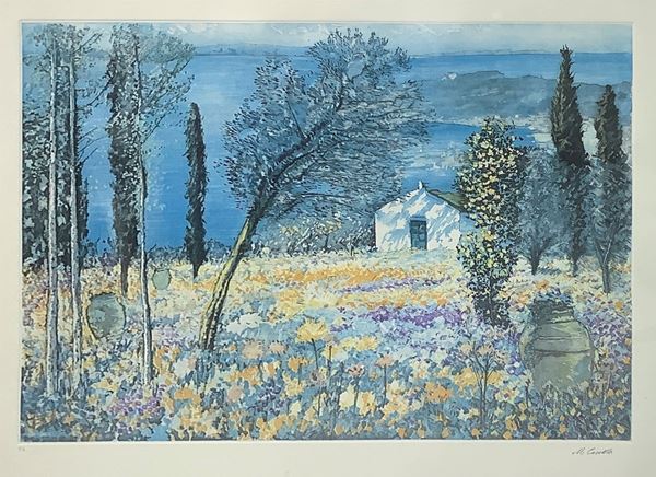 Michele Cascella - House with trees and flowery field