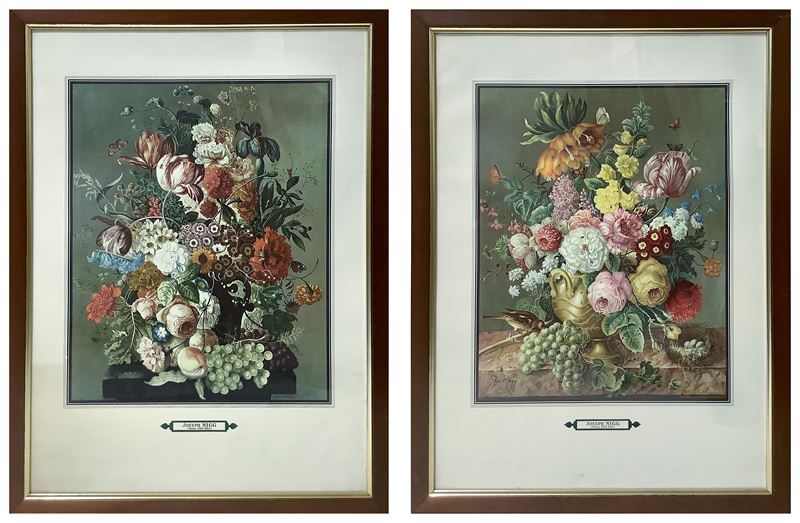 Joseph Nigg - Coppia di nature morte di fiori in vaso