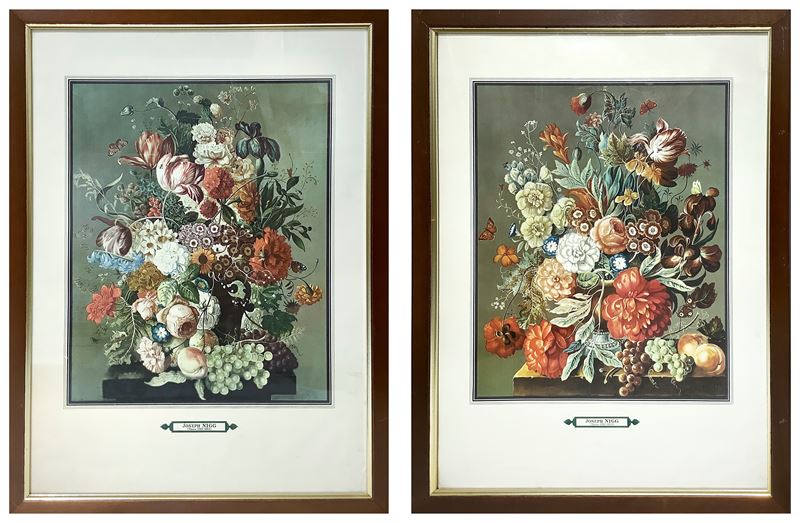 Joseph Nigg - Coppia di nature morte di fiori in vaso (cromolitografia)