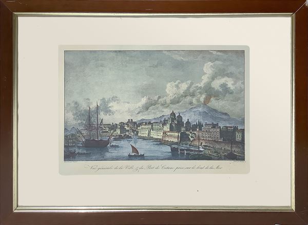 Pietro Antonio Martini - Riproduzione dell'incisione acquarellata "Vista generale della città e del porto di Catania presi dal borgo del mare"