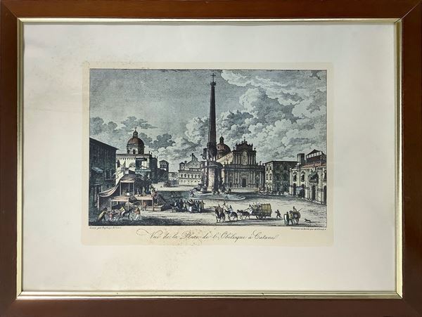 Jean Duplessis Bertaux - Riproduzione dell'incisione acquarellata "Piazza dell'Obelisco di Catania"