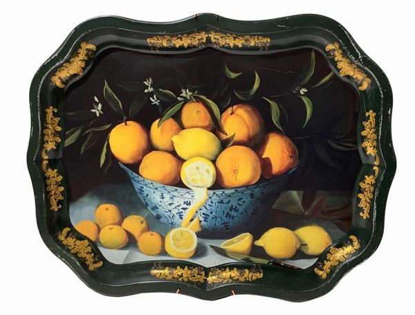 Vassoio vintage in metallo dipinto con arance e limoni