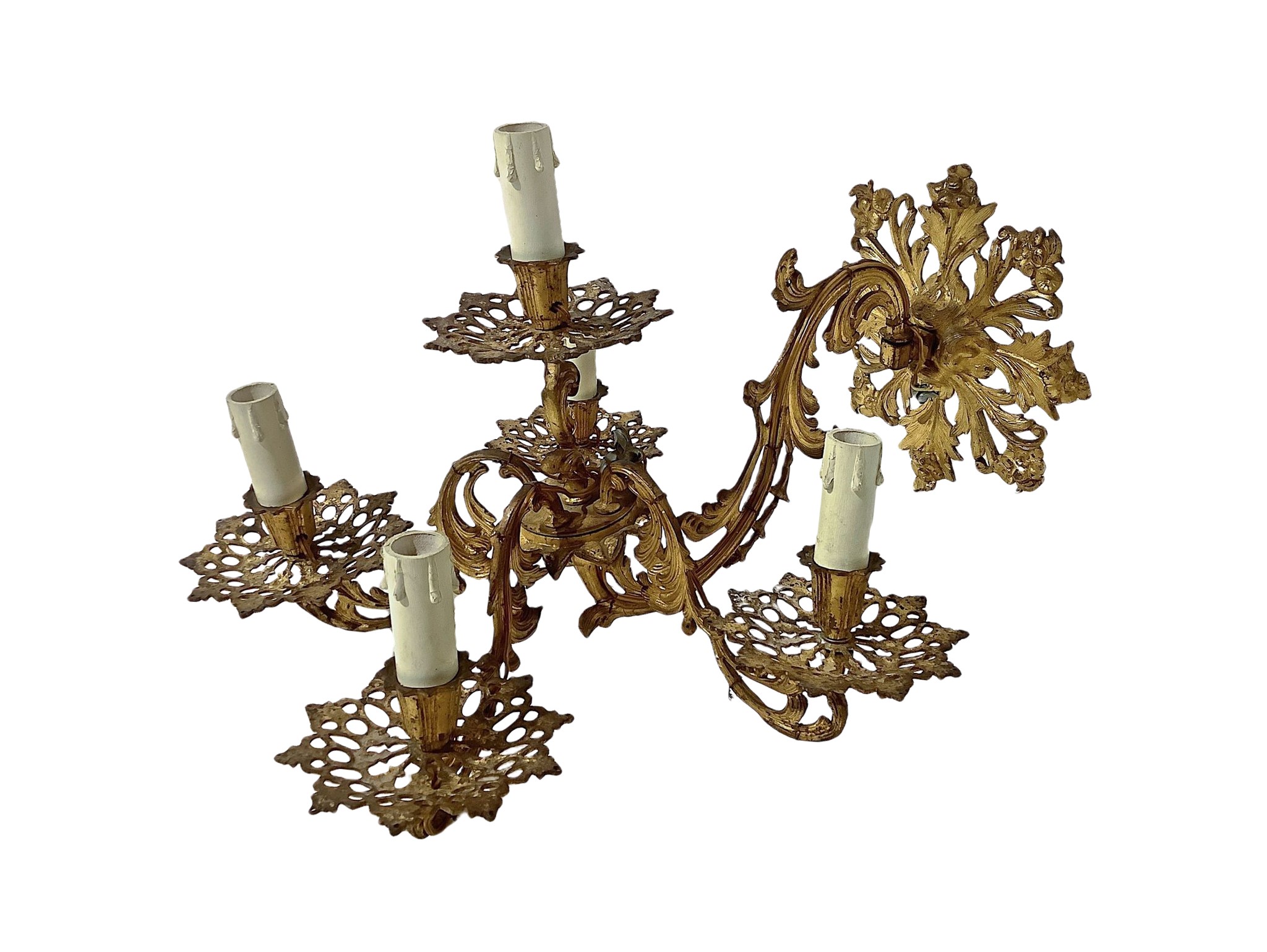 Coppia di applique a cinque luci in bronzo dorato