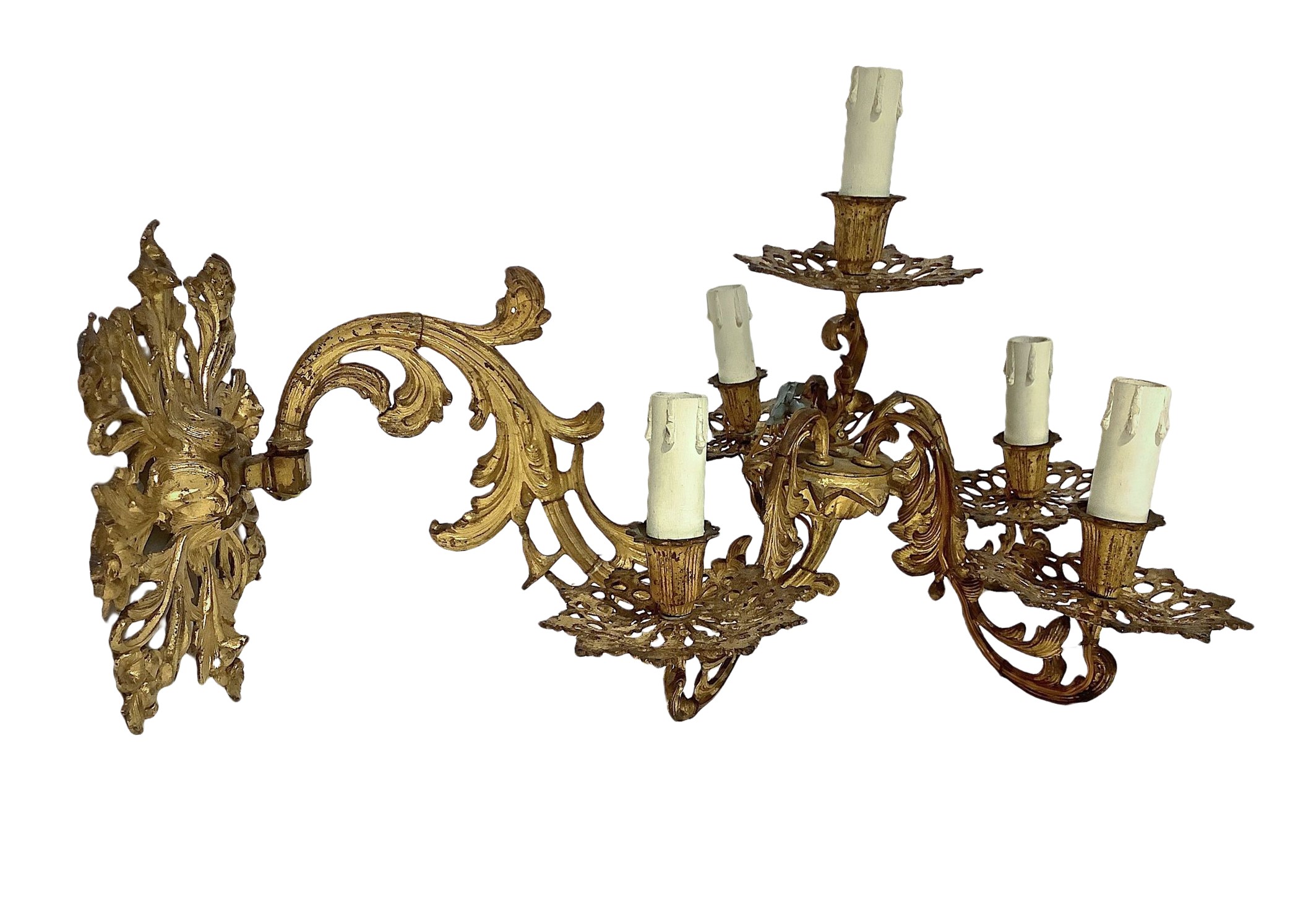 Coppia di applique a cinque luci in bronzo dorato