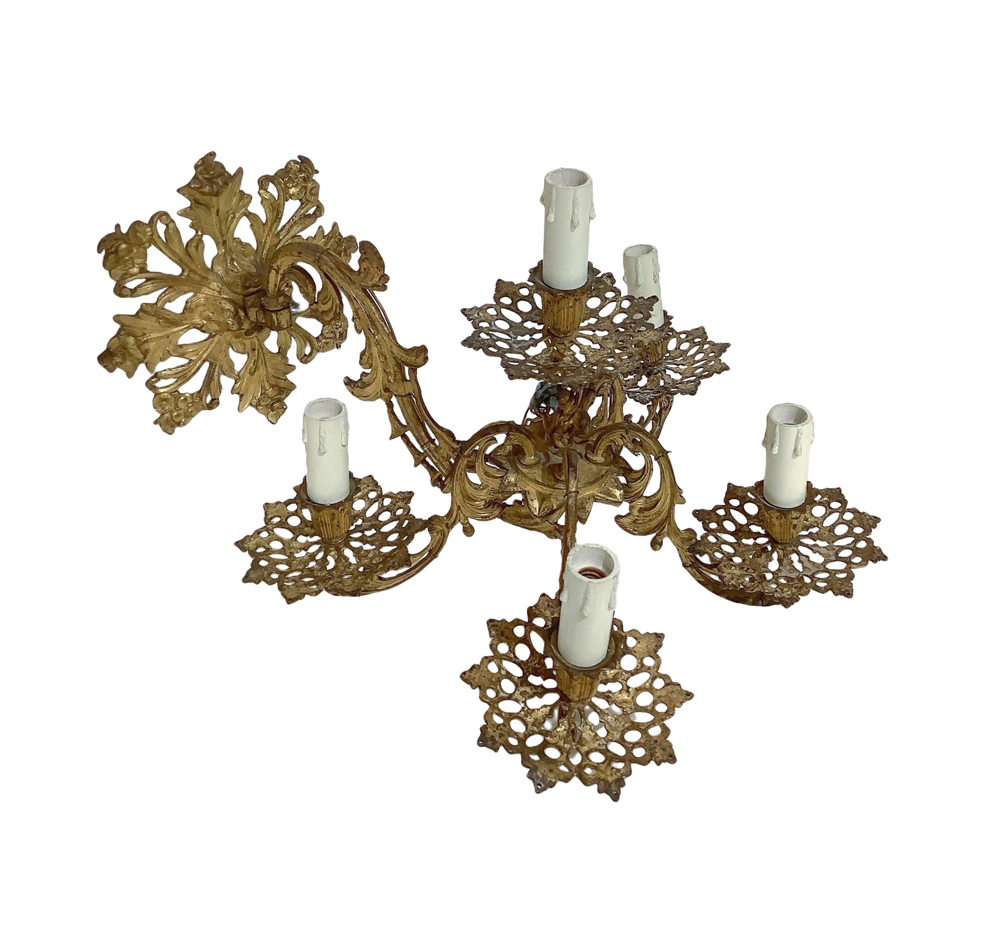 Coppia di applique a cinque luci in bronzo dorato