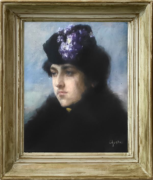 Alexandre Jacques  Chantron - Ritratto di donna con cappello floreale